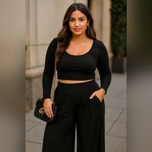 💲⬇️2 Pcs Ribbed Crop Top and Wide Leg Pants Set with Pockets